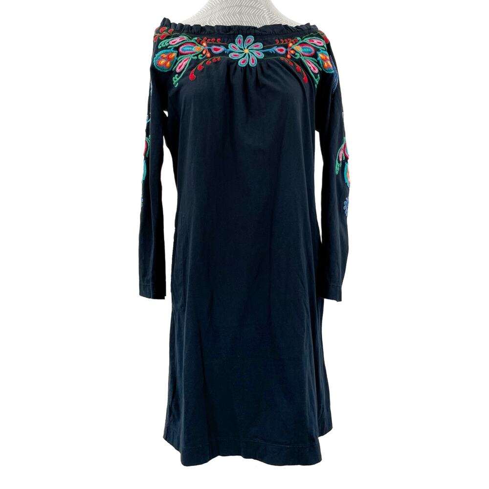Johnny Was JWLA Black Dress Off Shoulder Long Sleeve Floral Embroidered Size S